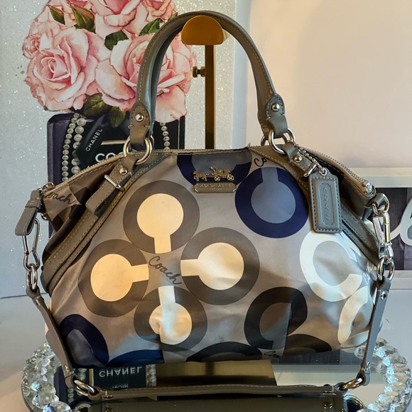 Coach Handbags - Coach Madison Sophia Clover Logo Gray/Blue Sateen and Leather shoulder bag
